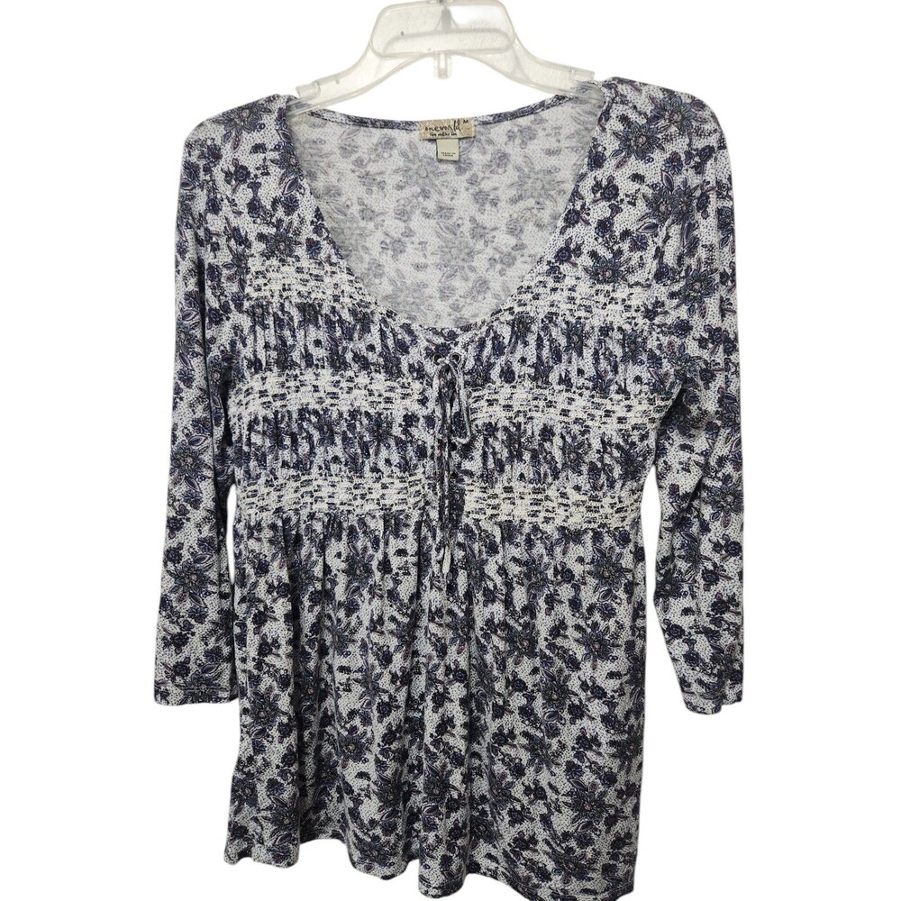 One World Womens Top Medium Purple Floral Pullover Smocked Lace Up Neck Knit